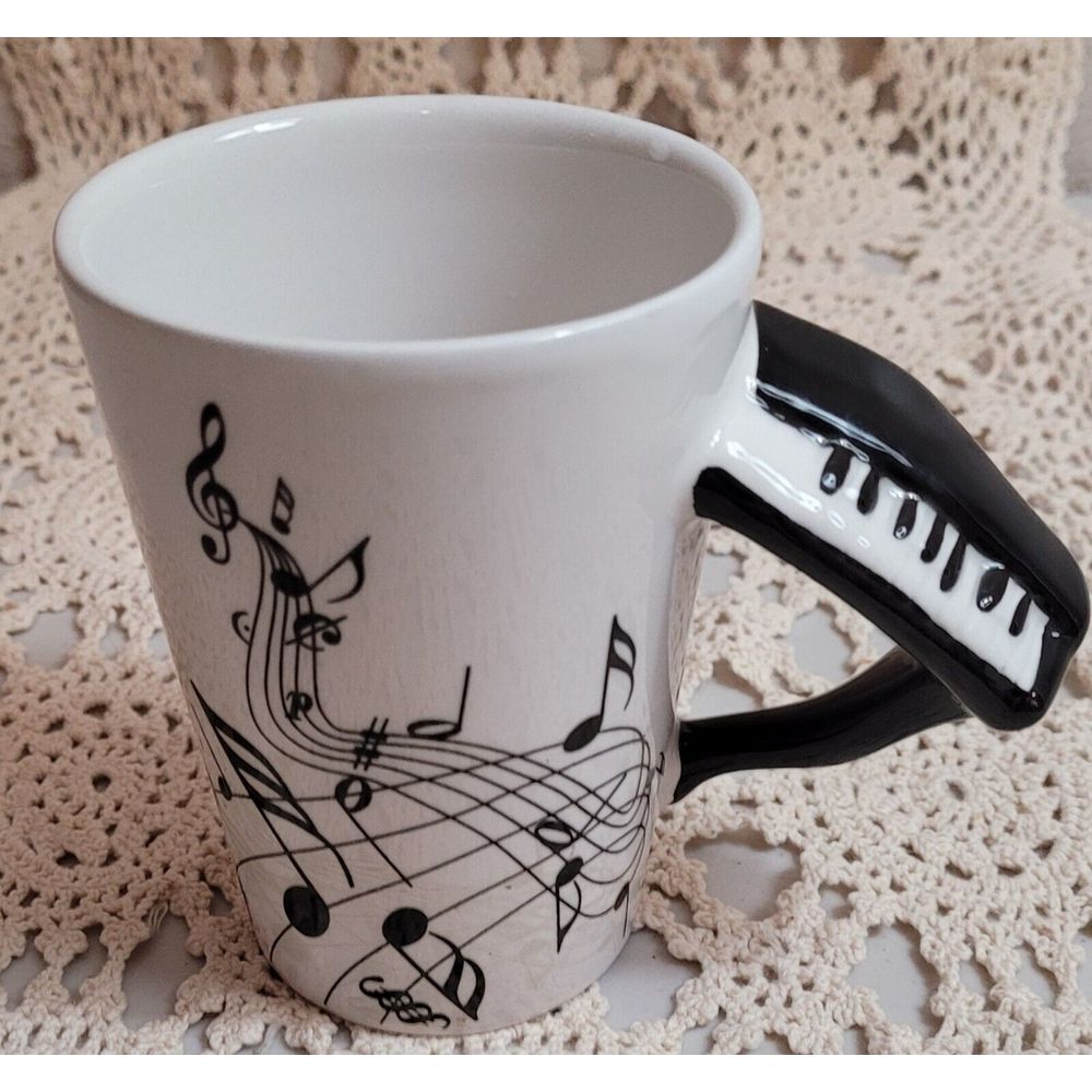 8 Oz Coffee Or Tea Cup. White With Black Musical Notes.  Piano Handle. Band.